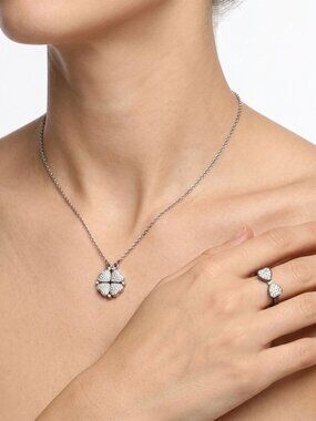 Folli Follie Silver Plate Crystal Heart Clover Convertible Necklace & Ring Set
